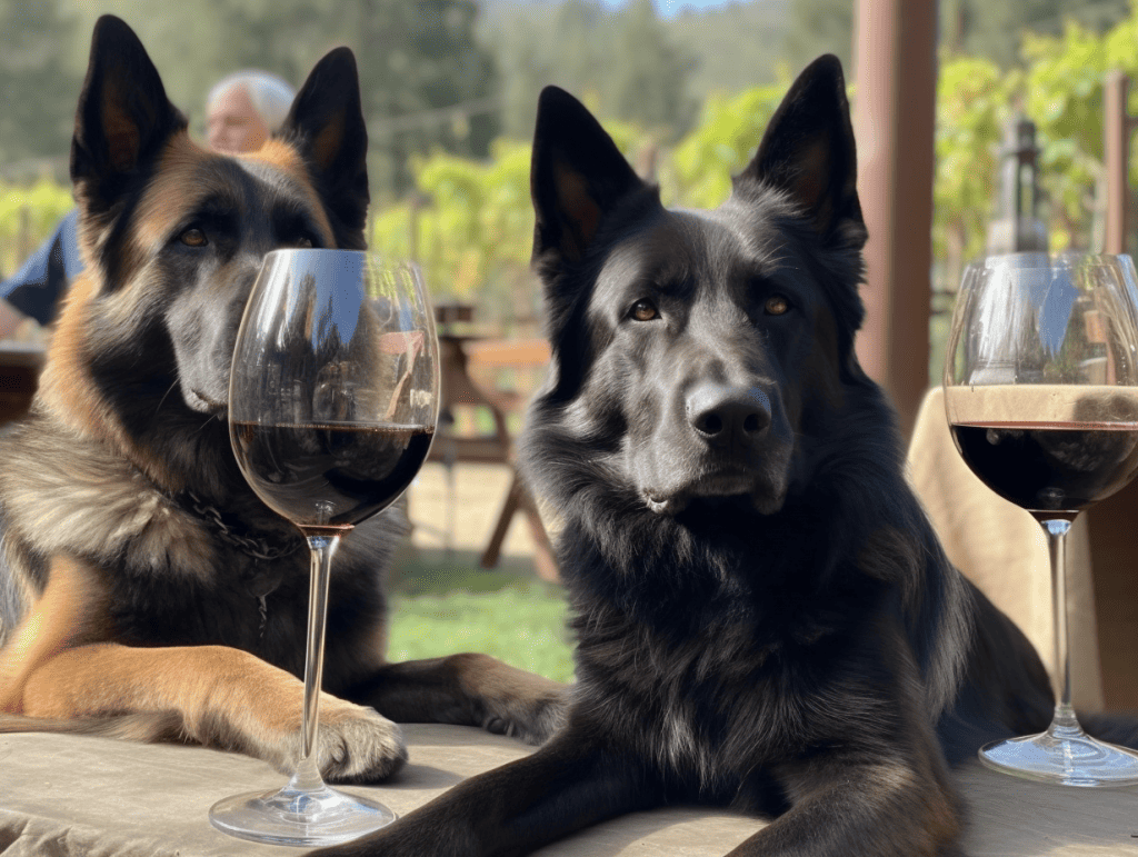 Two dogs sitting at a table with wine glasses.