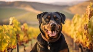Happy rottweiler in vineyard