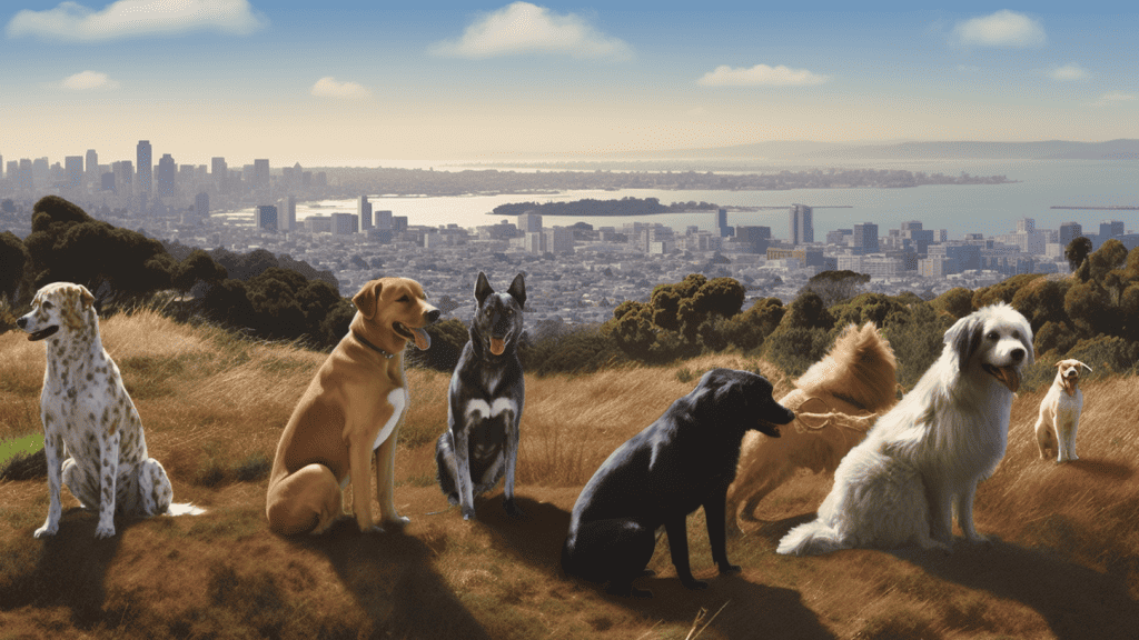 group of dogs sit on summit of a mountain with the city of Oakland behind