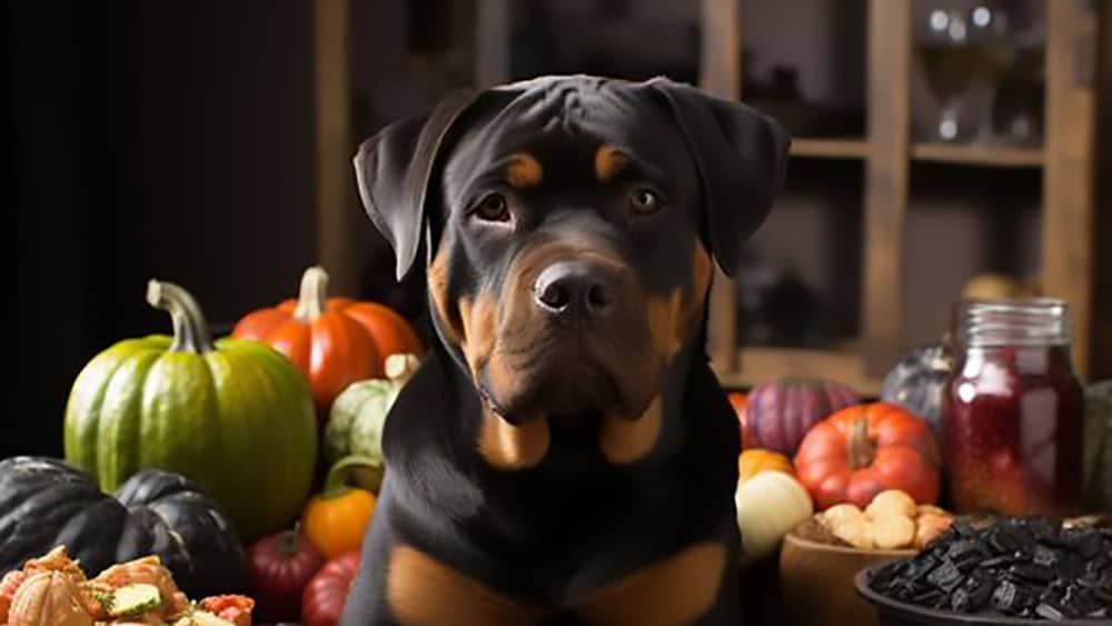 AI image of a dog with fall gourds