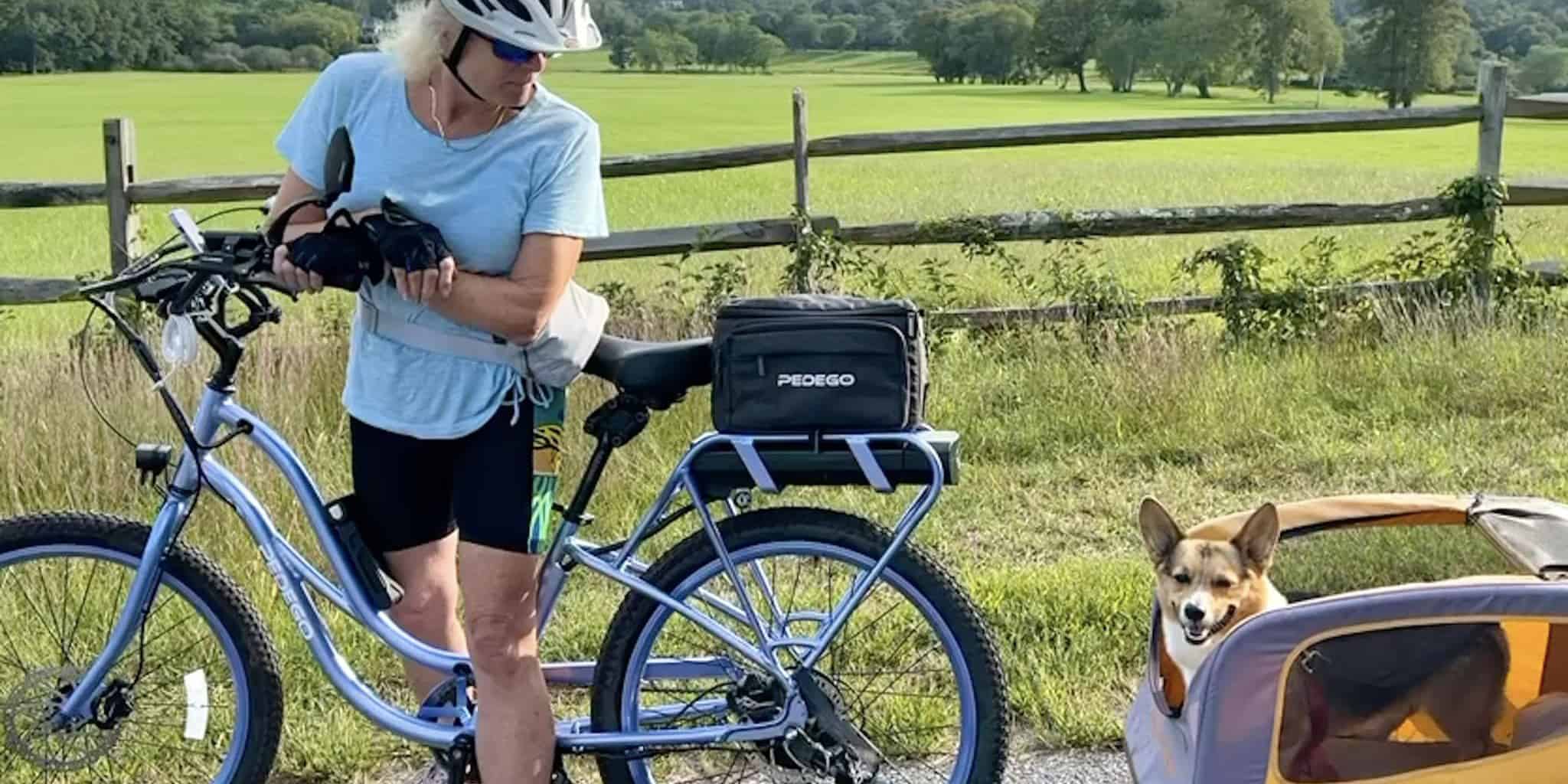woman on bike pulling bike trailer with happy corgi dog inside