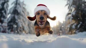 Cute dachshund dog with a Santa's hat running, jumping in the snow AI image