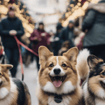 ai image of 3 corgis at a Christmas market