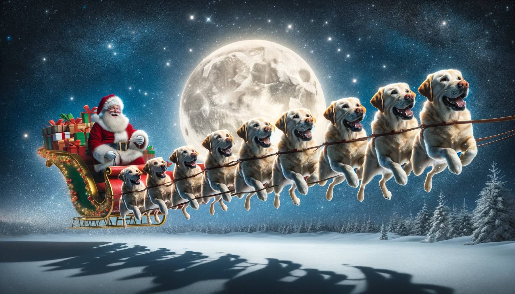 AI image of Santa flying across the moon in a sleigh pulled by labrador retrievers