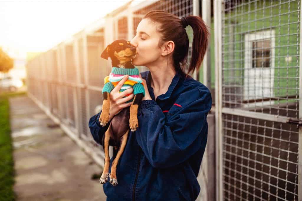 A woman affectionately kissing her dog in front of a kennel featured in the Newsletter archives. - Dogtrekker