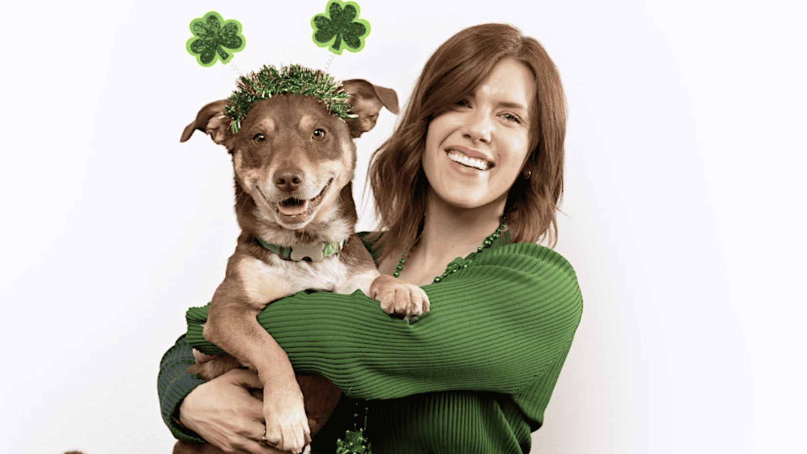 woman wearing green shirt hold dog wearing shamrock headband