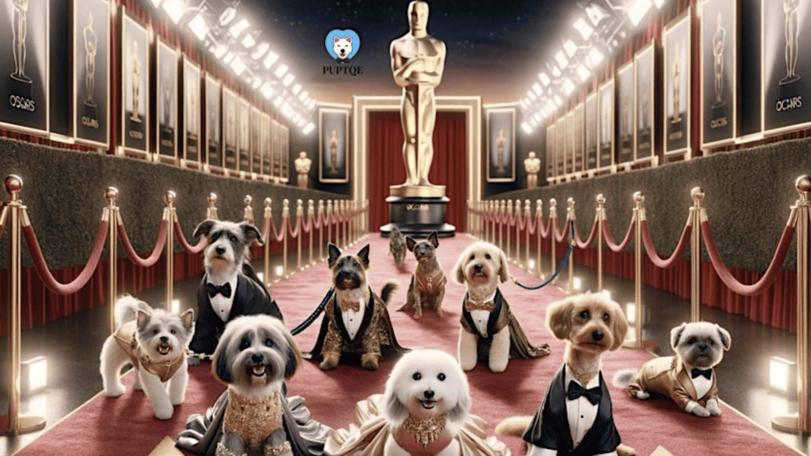 ai generated image of a group of dogs dressed in black tie clothing on the red carpet
