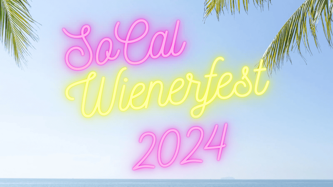 Get ready to experience the vibrant hues of pink and yellow neon text announcing "SoCal Wienerfest 2024" against a backdrop filled with towering palm trees under a cloudless azure sky, promising a truly tropical extravaganza. This event is tailor-made for dog lovers looking for memorable activities to enjoy with their beloved pets. - Dogtrekker