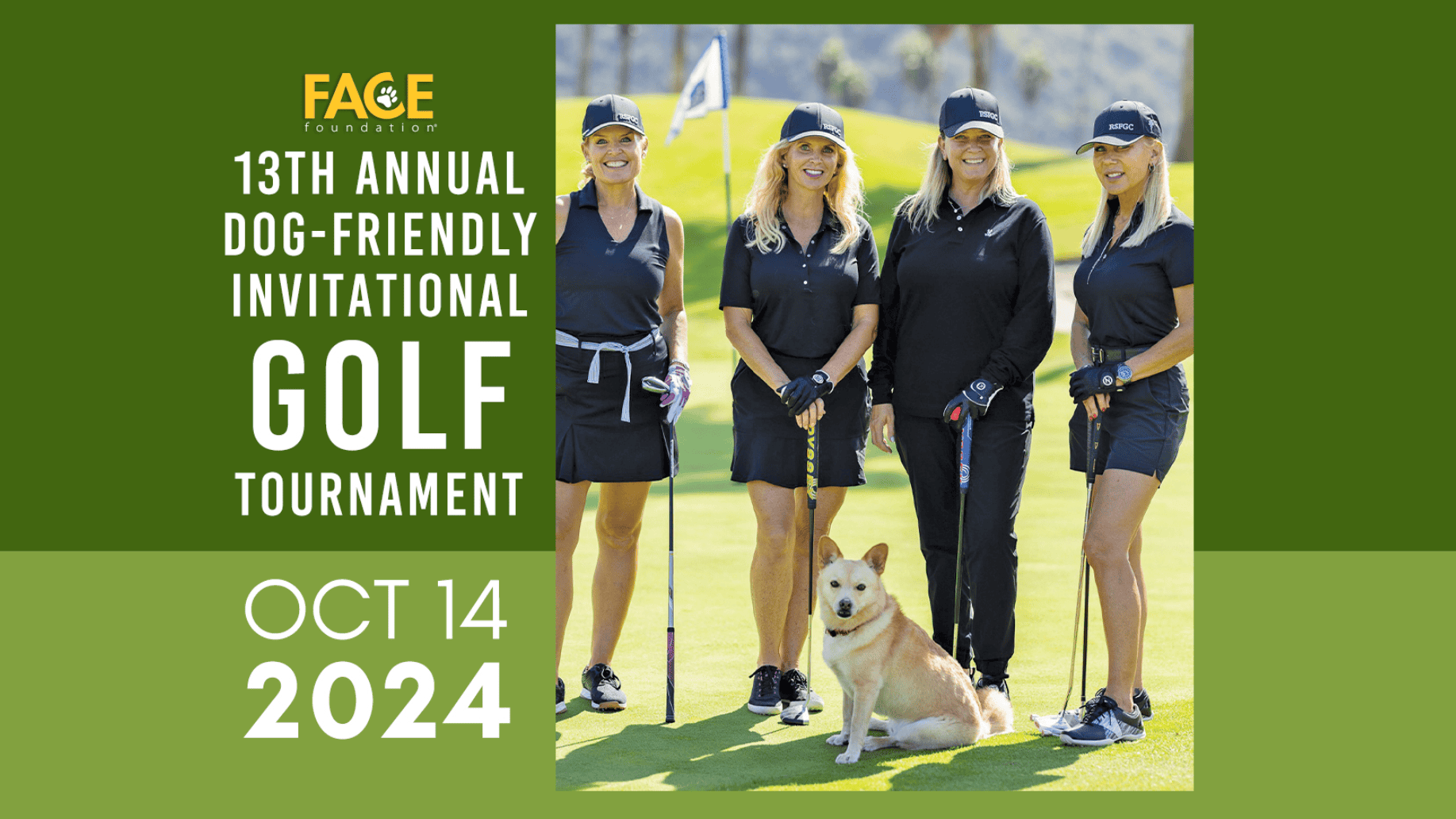 Four excited women, gather on a lush green golf course with a charming golden retriever by their side.