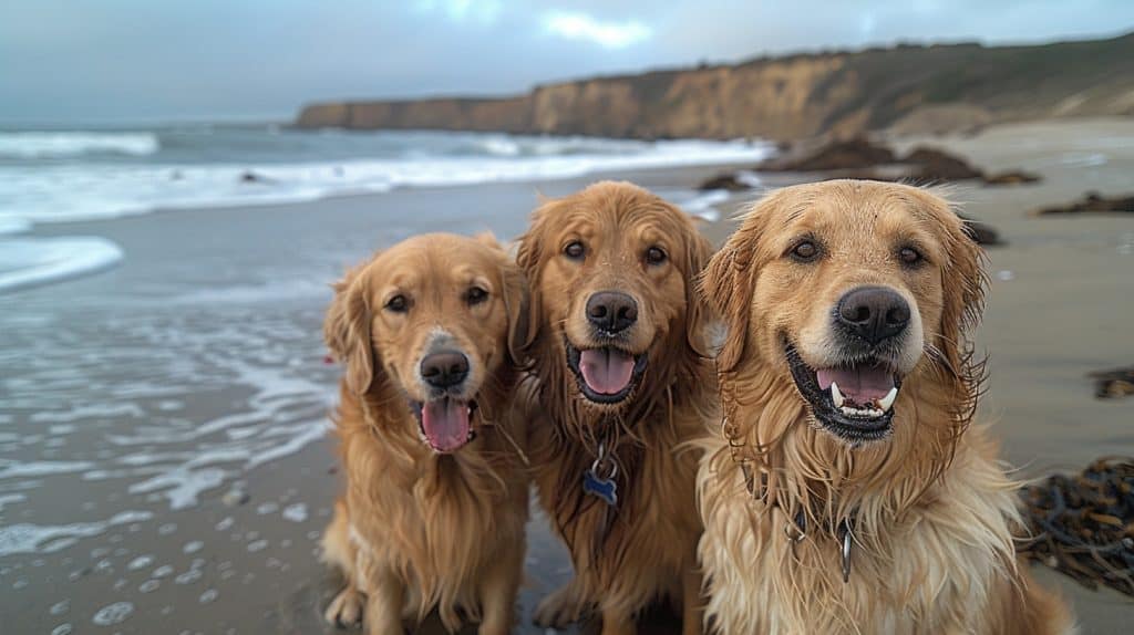 Three joyful golden retrievers posing playfully in front of a camera on a sandy, untouched beach. Majestic cliffs and the rhythmic dance of ocean waves form an impressive backdrop. This tranquil haven is conveniently situated near several beachfront hotels, offering pet-friendly accommodations and activities that would turn your stay into remarkable memory-making journey with your beloved canine companions. - Dogtrekker