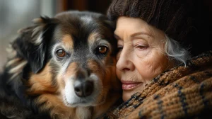 Therapy dog: A mature woman, adorned in a hand-woven cap, nestles her head tenderly against the soft fur of an attentive therapy dog. Both share a reflective sideward glance that testifies to their profound bond.