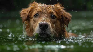 Experience the splendor of a golden retriever, with its alert eyes keenly focused on pet safety, as it playfully holds a tennis ball in his mouth. This joyful activity takes place amidst the refreshing waters of a serene pond, punctuated by the mesmerizing spectacle of water droplets bursting into tiny sprinkles around him. This makes for an exciting and adventurous outdoor bonding time for you and your furry friend. Be sure to pack that tennis ball! - Dogtrekker