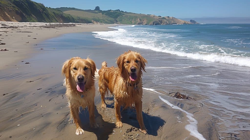 Two golden retrievers on a sandy beach.