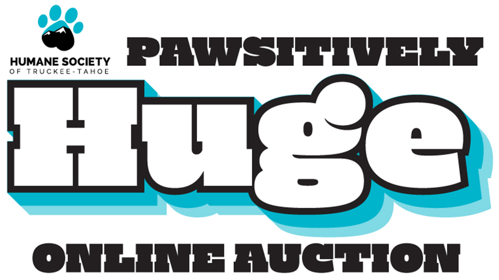 The Humane Society of Truckee-Tahoe presents an exciting visual for their "Pawsitively Huge Online Auction". The logo artfully combines stylized typography with a distinctive paw print emblem.