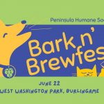 A vibrant promotional graphic for the Peninsula Humane Society's "Bark n' Brewfest" highlights a yellow dog and cat inside a blue box. The event is scheduled for June 22 at West Washington Park in Burlingame. The cat holds a small beer glass, and the dog wears a collar.