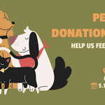 An engaging illustration promotes a pet food donation drive, depicting diverse, charming animals - a tall dog, an elegant cat wearing a chic scarf, a cuddly rabbit and a vibrant bird - in an upcoming event at Front Street Animal Shelter. Their affectionate embrace underlines the urgent need for generous contributions to provide meals to these beloved furry friends. The accompanying text beckons animal lovers to act and their vital support.