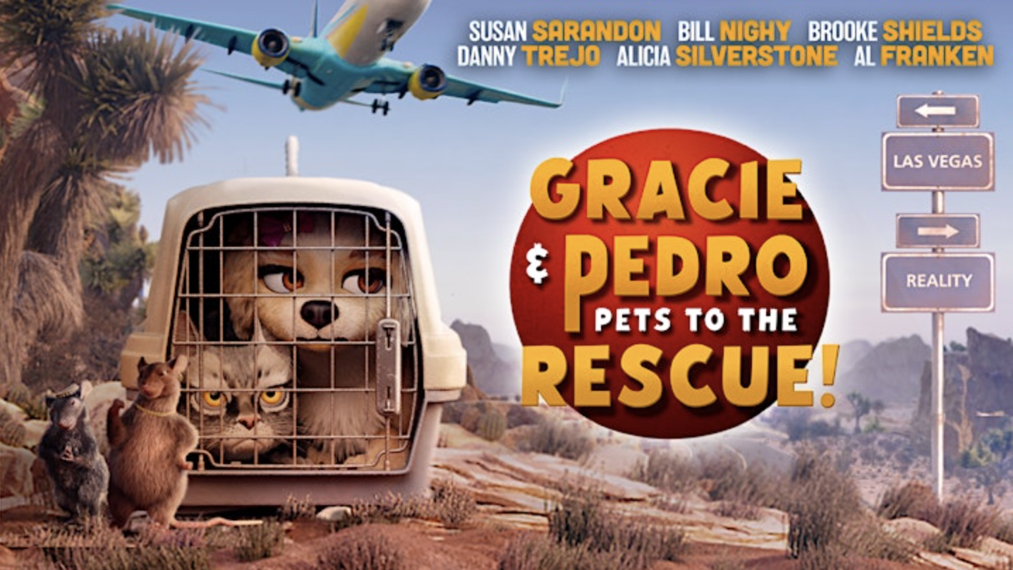 Promotional visual for the animated film "Gracie & Pedro: Pets to the Rescue" illustrates numerous whimsical animal characters in a desert backdrop, peering out from about a pet carrier with anticipation.