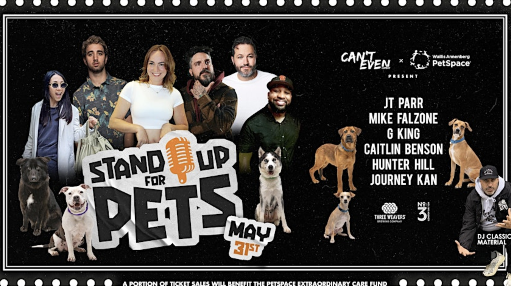 Promotional image for "Stand Up for Pets" comedy show on May 31st. Features several comedians and their pets. Background includes a person in a bear suit and various dogs. Event benefits Wallis Annenberg PetSpace.