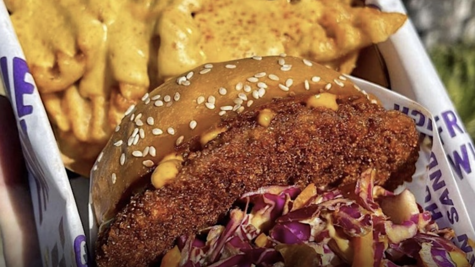 A close-up shows a crispy fried chicken sandwich topped with shredded cabbage and sauce in a sesame seed bun. Behind the sandwich, crinkle-cut fries drizzled with melted cheese sauce sit in a takeout container from San Clemente Market.