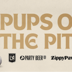 A dog in a black and gold LAFC jersey stands next to a beer can and a soccer ball. The image is titled "Pups Off The Pitch." Logos for LAFC, Party Beer Co, ZippyPaws, and Pups Without Borders are displayed below.