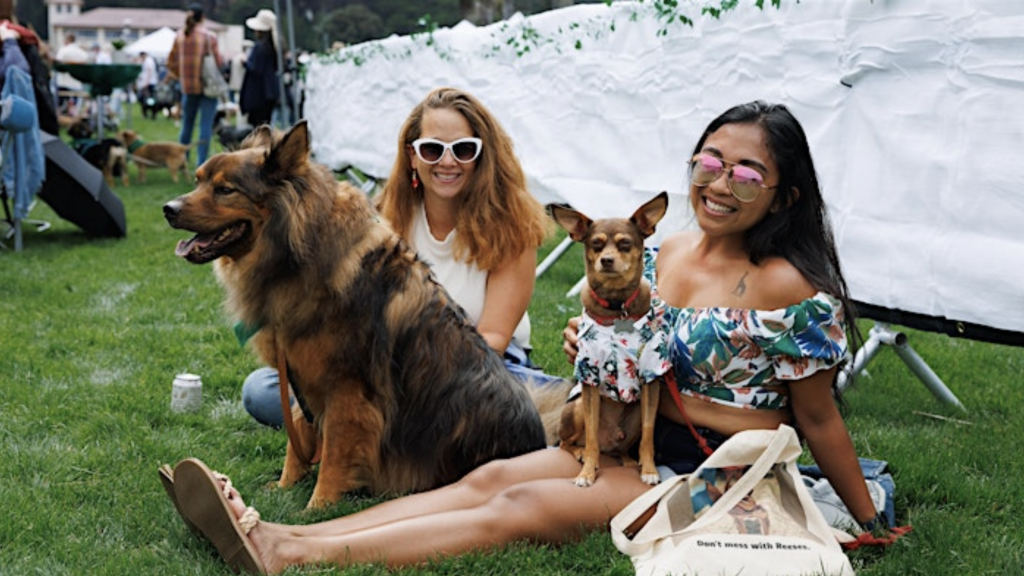 At the Bark at the Park event, two women sit on the grass with their dogs. The woman on the left, wearing sunglasses, is next to a large fluffy dog. The woman on the right, also in sunglasses, has a small dog in her lap. Both dogs wear bandanas and sit against a white tarp backdrop.