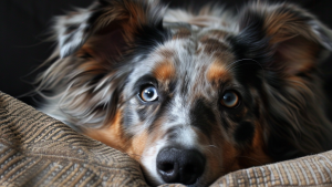 An Australian Shepherd lies with its head on a cushion decorated with paw prints. The dog has one blue eye and one brown eye, along with a coat marked in black, white, and brown. Its ears are upright, and it's staring directly at the camera.