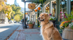 A golden retriever sits on a sidewalk flanked by trees on a quaint street in Calistoga, Napa Valley. The storefront nearby is decorated with vibrant flowers. In the background, there are small shops, hanging signs, and fall-colored leaves on the trees. It’s an ideal spot for dog lovers looking to explore with their pets.