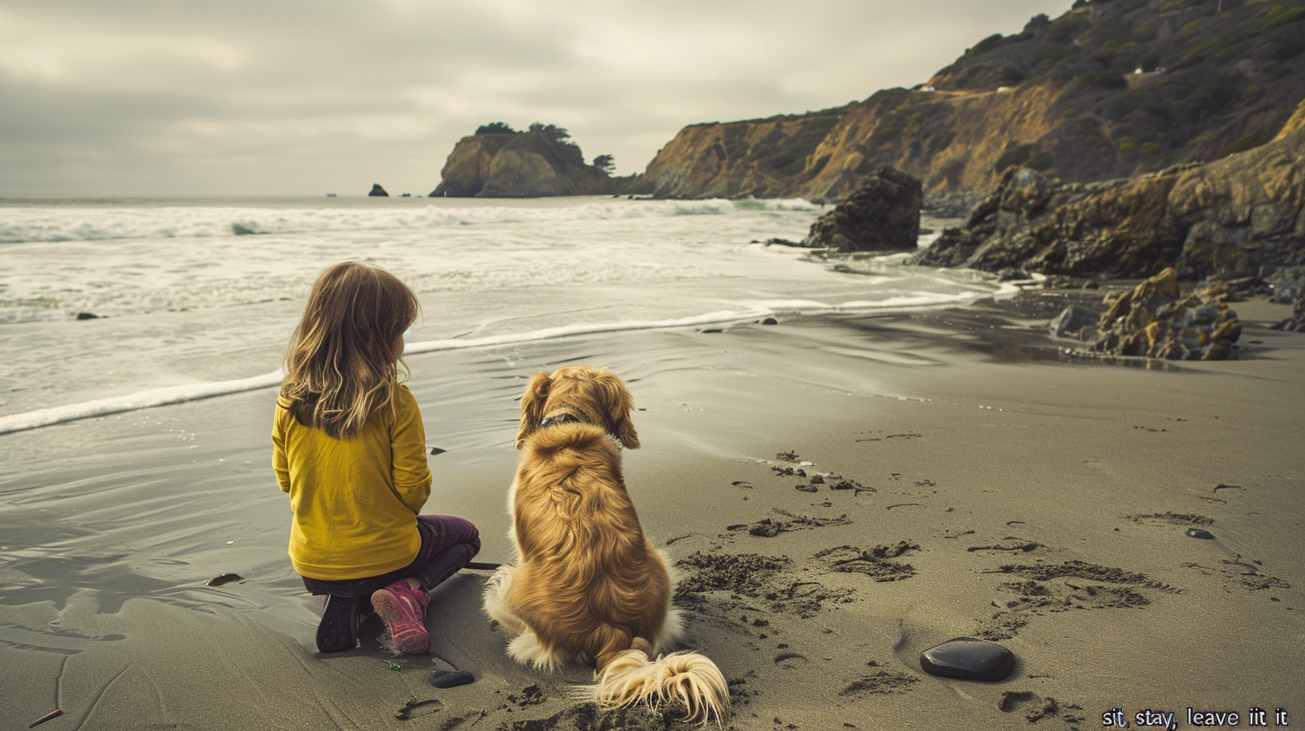 A child with long hair and a yellow shirt sits on a sandy beach in California next to a large golden-brown dog. Rocky cliffs frame the background. They both watch the calm ocean waves under a cloudy sky, enjoying their safe outing together.