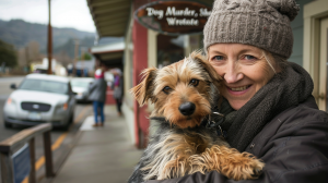 A woman in a knit hat and dark jacket holds a small, fluffy dog close to her on the sidewalk in Ukiah. Shops line the street behind them, and people walk by as cars move along the road. A sign with partially visible text hangs above her head.
