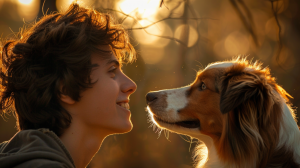 A person with curly hair smiles at their dog. They both share a quiet moment, lit by the warm glow of a sunset. The background shows soft, blurred trees and grass, highlighting the close bond between them and their recently adopted pet.