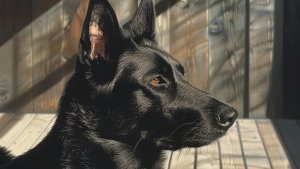 A black German Shepherd with alert ears and amber eyes sits on a wooden deck, basking in the sunlight. Shadows from the railing create patterns on the deck, enhancing the tranquil scene. Remember to prioritize dog safety during summer to keep your pet comfortable.