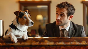A man in a suit stands behind a wooden counter, focusing on a small dog that has its front paws resting on the counter. The dog's brown and white fur contrasts with the polished surface. The scene unfolds in an elegant hotel lobby, evident from the blurred luxurious decor in the background.