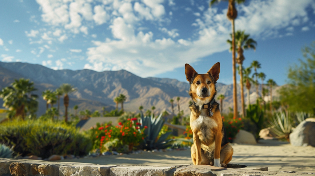 A small dog with brown and white fur perches on a stone wall in a lush desert landscape. Palm trees, agave plants, and red flowers dot the surroundings. In the background, mountains rise under a blue sky with scattered white clouds, showcasing the dog-friendly environment of Greater Palm Springs.