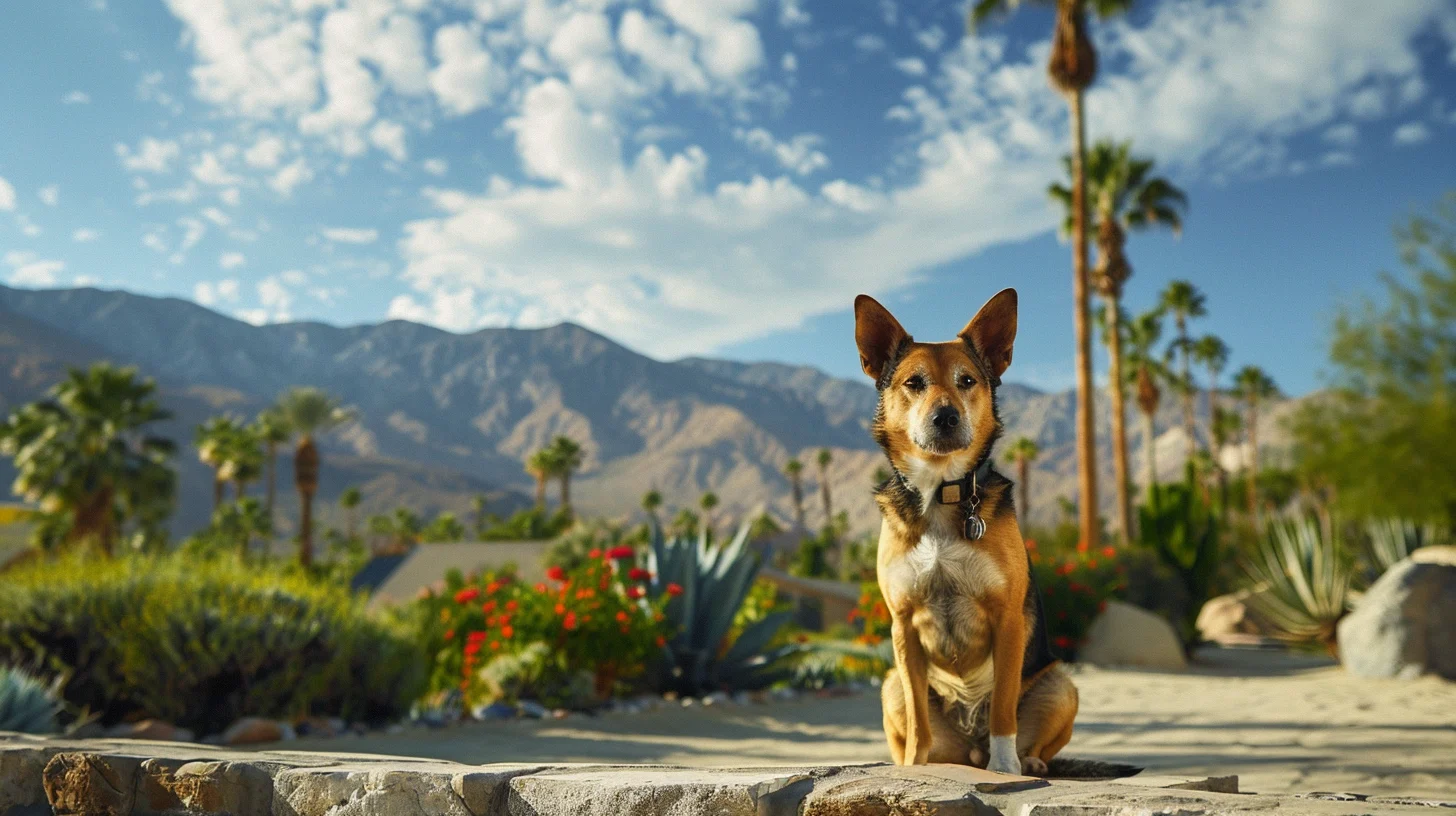 Photorealistic photo og a dog in palm springs --ar