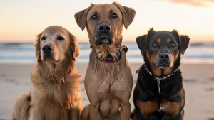 Three dogs sit in a row on a sandy beach at sunset. A Golden Retriever is on the left, a mixed breed in the center, and a Rottweiler on the right. The sky is colored with warm tones, and ocean waves roll in behind them.