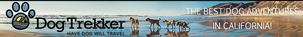 Banner for DogTrekker: Four dogs run along a beach with crashing waves behind them. The text says, "DogTrekker - HAVE DOG WILL TRAVEL! THE BEST DOG ADVENTURES IN CALIFORNIA." The logo features a paw print and a scenic landscape. Join our California Photo Contest!