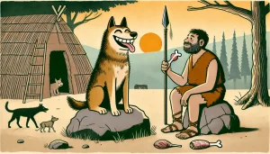 A bearded man in fur clothes sits on a rock next to a spear, holding a bone. Nearby, a large dog with a content expression rests on another rock. In the background are a primitive hut, a tree, and distant mountains. Two smaller dogs approach the man while two pieces of meat lie on the ground.