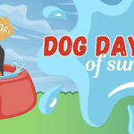 A cartoon dog stands in a red water-filled pet bowl, saying "Woof" in a speech bubble. The phrase "Dog Days of Summer" is on a blue splash background. Green grass and a blue sky with clouds create the setting.