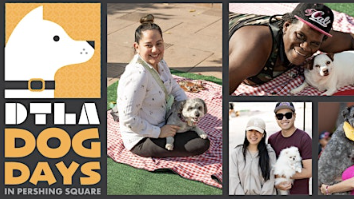 A vibrant collage showcases families and friends with their dogs seated on blankets at "DTLA Dog Days in Pershing Square." The scenes depict attendees interacting with their pets, framed by the park's greenery and clear skies. The event logo stands out amidst the lively backdrop.