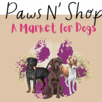 Illustration features three dogs within a large paw print, accented by purple splashes and floral designs. At the top, "Paws N' Shop" is prominently displayed with the tagline "A Market for Pets" in pink. The background color is light brown.