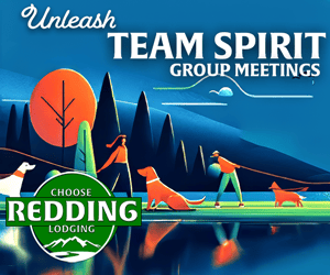 The ad depicts people walking their dogs in a scenic area surrounded by mountains and trees, near Shasta Lake. The text promotes "Unleash Team Spirit Group Meetings" and suggests choosing lodging in Redding. A green logo with mountain imagery accompanies the message.