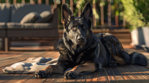 A black and tan German Shepherd rests on a wooden deck, soaking up the sun. The setting includes outdoor furniture and surrounding greenery, indicating a patio or backyard. The dog lies relaxed but alert, ears pricked as it keeps watch over its environment.
