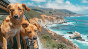 Two brown dogs lean out of a car window, enjoying the wind and the view of California's coastline. The scene includes a rugged coast, blue ocean waves, and a partly cloudy sky on a sunny day. This road trip has the dogs looking content.