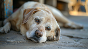 A large, light-colored dog with floppy ears lies on a stone floor. Its head rests on one paw, with a calm and slightly sad expression. The softly blurred background suggests an indoor or patio setting lit by warm, natural light. This peaceful image commonly depicts dogs with arthritis looking for comfort.