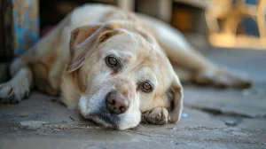 A dog with bad hips. yellow lab beautiful dog. -a
