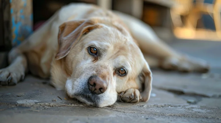A dog with bad hips. yellow lab beautiful dog. -a