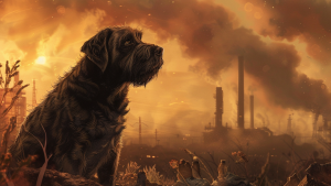 A shaggy-coated dog sits in tall wild grasses, staring ahead. Industrial factories releasing smoke stand in the background, bathed in the warm light of sunset. The haze creates a contemplative and concerned mood about human health.