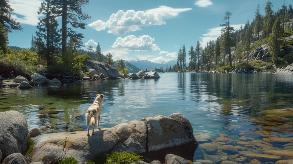 A dog stands on a rock at the edge of a calm lake, surrounded by pine trees and mountains. The clear water mirrors the sky and trees, providing a scenic setting ideal for those looking for outdoor activities with their dogs.