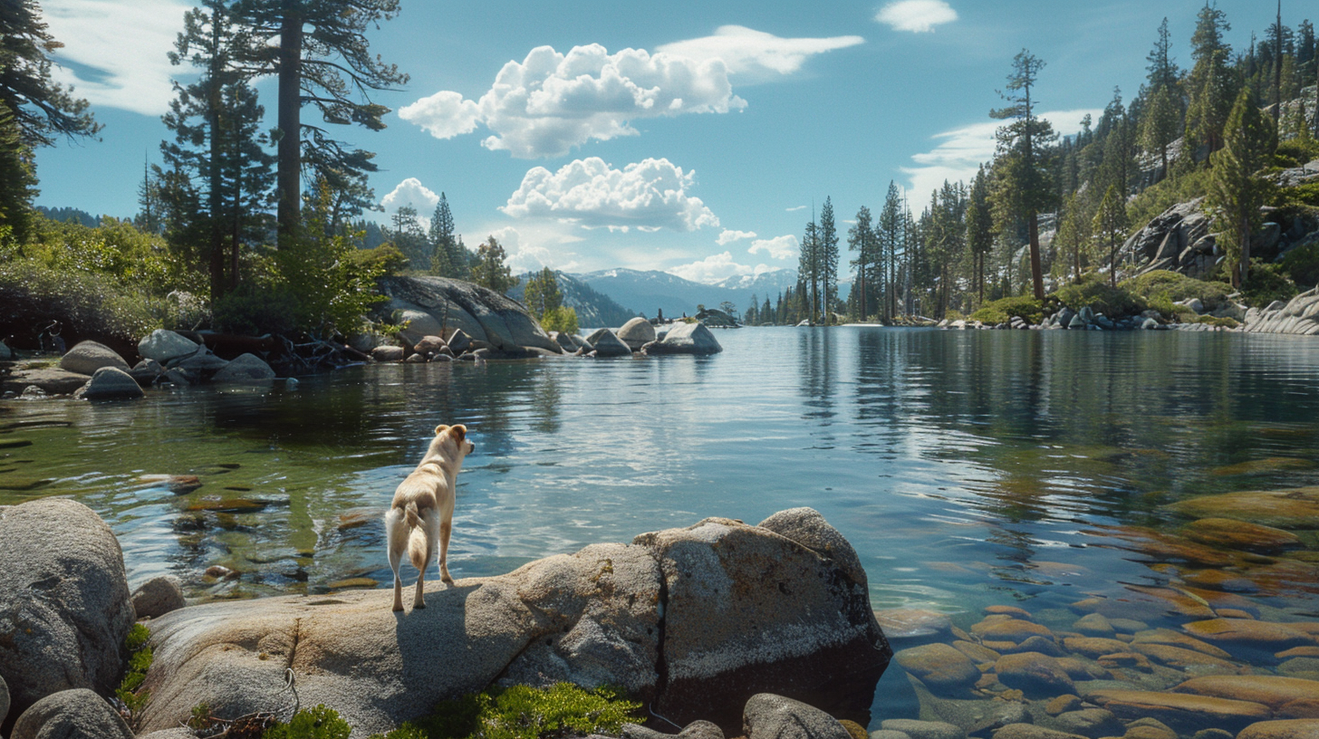 A dog stands on a rock at the edge of a calm lake, surrounded by pine trees and mountains. The clear water mirrors the sky and trees, providing a scenic setting ideal for those looking for outdoor activities with their dogs.