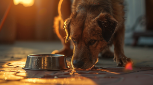 A brown dog drinks from a metal bowl on the ground. Warm, golden sunlight suggests it is either sunrise or sunset, creating a calm setting. California pet owners should consistently provide fresh water to prevent heatstroke in their dogs.